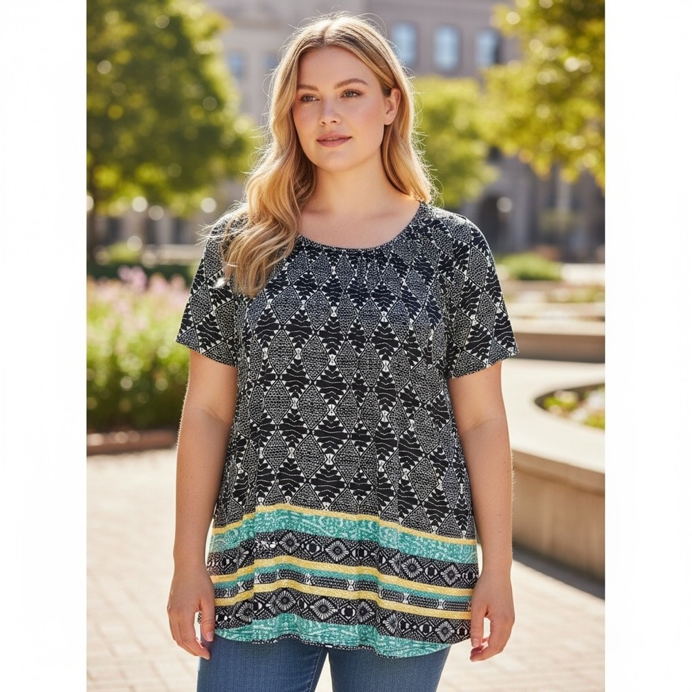 Style Co‎ Woman 3X Black White Geometric Print Tunic Top Short Sleeve